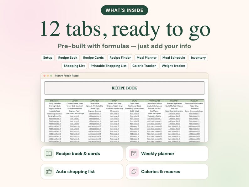 May include: A digital meal planning spreadsheet interface titled Planly Fresh Plate with 12 tabs including Recipe Book, Meal Planner, and Inventory. The display shows a grid of food categories and items with pre-built formulas for tracking.