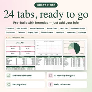 Pu&ograve; includere: Un'interfaccia di pianificazione del budget digitale intitolata Planly Money Map con 24 schede, formule preimpostate e tabelle dati per entrate, uscite e bollette, inclusi grafici per il monitoraggio del budget mensile.