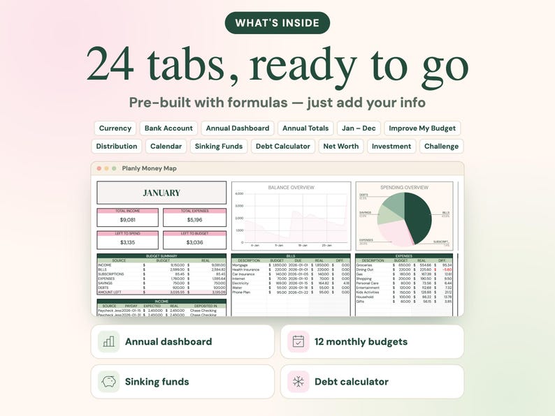Pu&ograve; includere: Un'interfaccia di pianificazione del budget digitale intitolata Planly Money Map con 24 schede, formule preimpostate e tabelle dati per entrate, uscite e bollette, inclusi grafici per il monitoraggio del budget mensile.