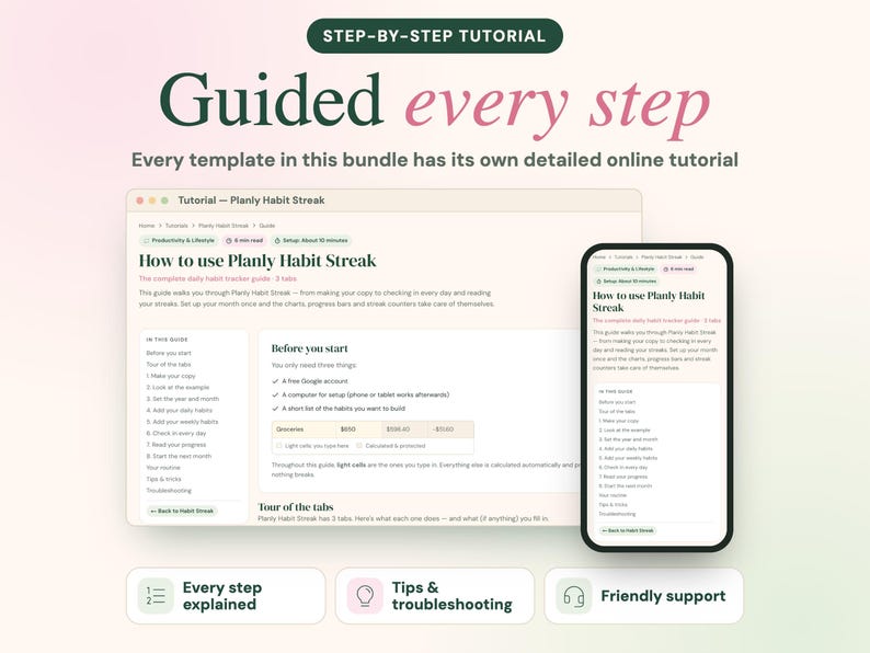 May include: A digital tutorial guide for the Planly Habit Streak template displayed on a laptop and smartphone screen. The interface features text, checklists, and headers titled How to use Planly Habit Streak, with icons for steps, tips, and support.