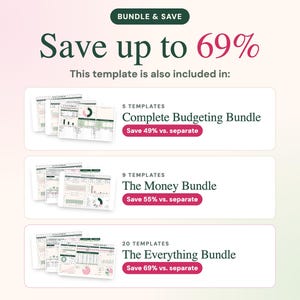 May include: A digital graphic displaying bundle options for budgeting templates. Text includes BUNDLE & SAVE, Save up to 69%, and lists three options: Complete Budgeting Bundle, The Money Bundle, and The Everything Bundle with savings percentages.