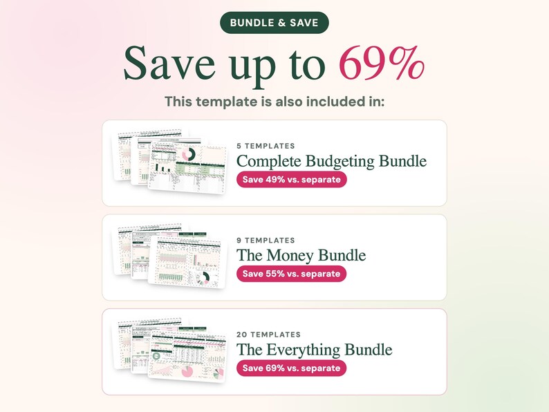 May include: A digital graphic displaying bundle options for budgeting templates. Text includes BUNDLE & SAVE, Save up to 69%, and lists three options: Complete Budgeting Bundle, The Money Bundle, and The Everything Bundle with savings percentages.