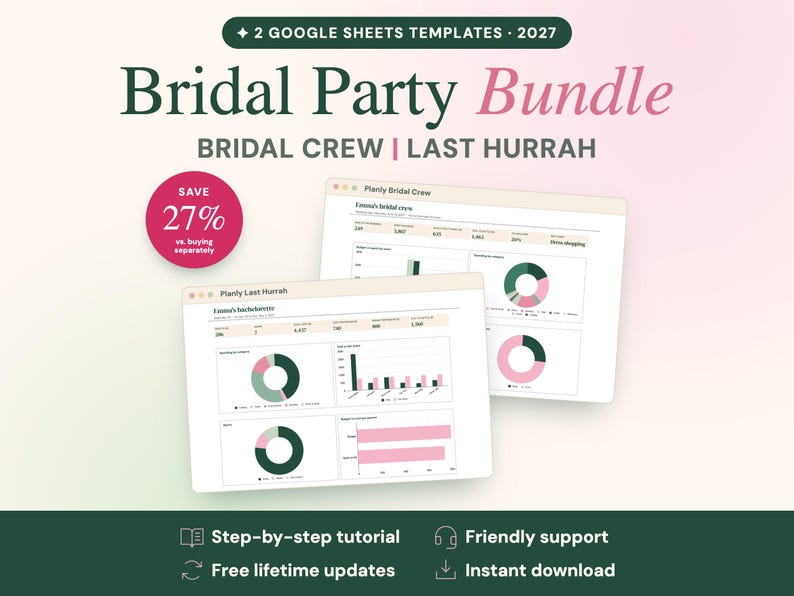 Puede incluir: Un paquete digital de dos plantillas de Google Sheets para 2027, titulado Bridal Party Bundle, Bridal Crew y Last Hurrah. La pantalla muestra paneles de datos con gr&aacute;ficos circulares y de barras en tonos verde oscuro y rosa.