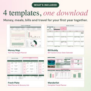 May include: Four digital templates for money, meals, bills, and travel planning. The text reads: WHAT'S INCLUDED, 4 templates, one download, Money, meals, bills and travel for your first year together. Includes Money Map, Bill Buddy, Fresh Plate, and Wanderlist.