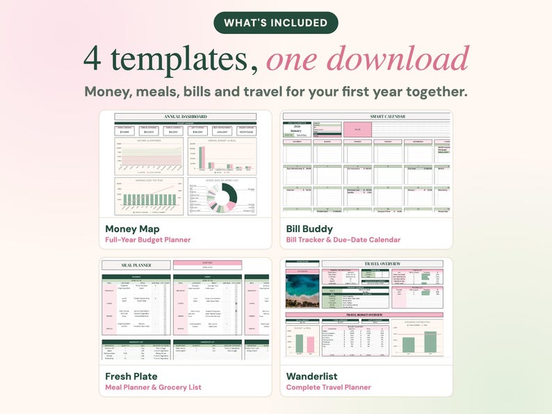 May include: Four digital templates for money, meals, bills, and travel planning. The text reads: WHAT'S INCLUDED, 4 templates, one download, Money, meals, bills and travel for your first year together. Includes Money Map, Bill Buddy, Fresh Plate, and Wanderlist.