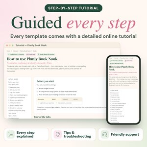 Peut inclure: Une interface de tutoriel num&eacute;rique pour le journal de lecture Planly Book Nook affich&eacute;e sur un navigateur de bureau et un &eacute;cran de t&eacute;l&eacute;phone mobile. Le texte indique Step-by-Step Tutorial, Guided every step et How to use Planly Book Nook.