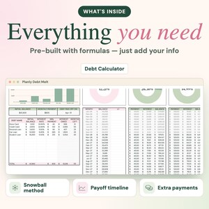 May include: A digital debt calculator spreadsheet interface titled Planly Debt Melt, featuring bar charts, donut charts, and tables for tracking balances, interest rates, and monthly payments, with buttons for Snowball method, Payoff timeline, and Extra payments.