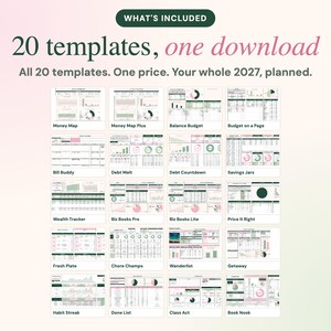 Może przedstawiać: Cyfrowa kolekcja 20 szablon&oacute;w arkuszy kalkulacyjnych z tekstem "WHAT'S INCLUDED", "20 templates, one download" oraz "All 20 templates. One price. Your whole 2027, planned." Szablony obejmują Money Map, Bill Buddy i Habit Streak.