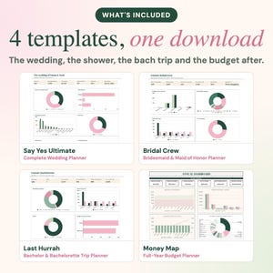 May include: A digital product set featuring 4 templates: Say Yes Ultimate Complete Wedding Planner, Bridal Crew Bridesmaid & Maid of Honor Planner, Last Hurrah Bachelor & Bachelorette Trip Planner, and Money Map Full-Year Budget Planner.