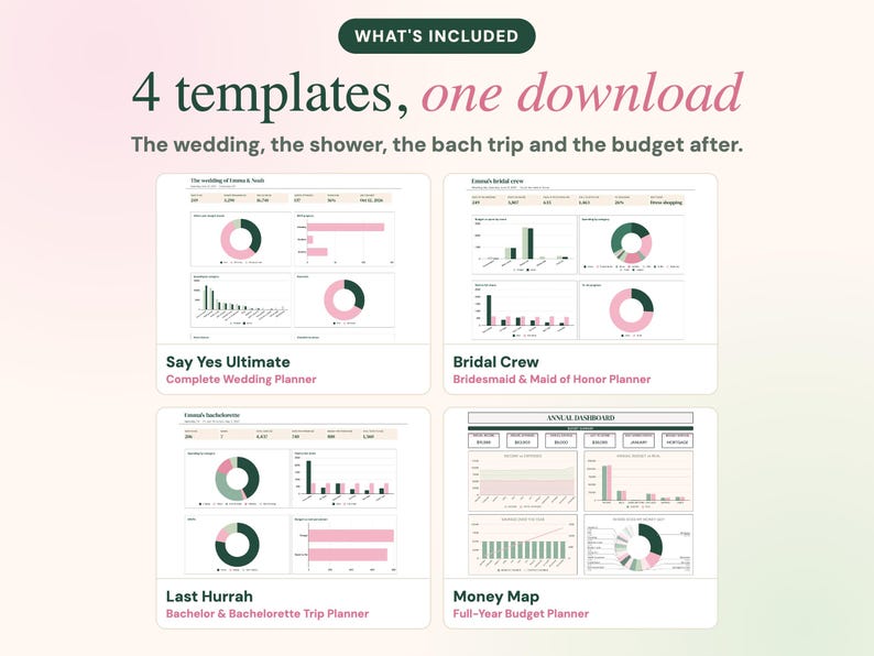 May include: A digital product set featuring 4 templates: Say Yes Ultimate Complete Wedding Planner, Bridal Crew Bridesmaid & Maid of Honor Planner, Last Hurrah Bachelor & Bachelorette Trip Planner, and Money Map Full-Year Budget Planner.