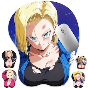 May include: A computer mouse pad featuring a vibrant anime-style illustration of a female character with blonde hair and blue eyes. The mouse pad has a wrist rest and is paired with a white computer mouse. Additional images of the character are also shown.