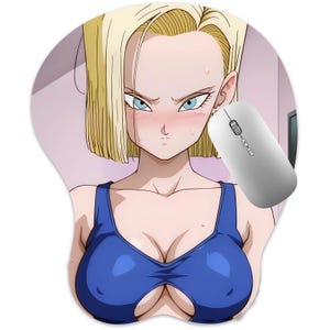 May include: A shaped mouse pad featuring an anime-style illustration of a blonde character with blue eyes, wearing a blue tank top. The character has a flushed expression with visible sweat droplets on the face and skin, rendered in a vibrant color palette.