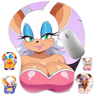 May include: A mouse pad featuring a graphic illustration of the character Rouge the Bat with white fur, large ears, and blue eyeshadow, wearing a pink top. The design includes a wrist rest and is shown with a white computer mouse on its surface.