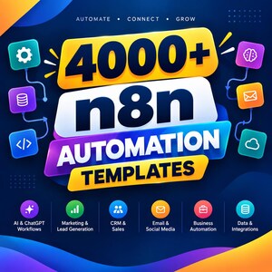 May include: A digital graphic featuring the text 4000+ n8n AUTOMATION TEMPLATES on a dark blue background. Surrounding the text are colourful icons representing gears, databases, code, brains, envelopes, and clouds connected by lines, with category labels.