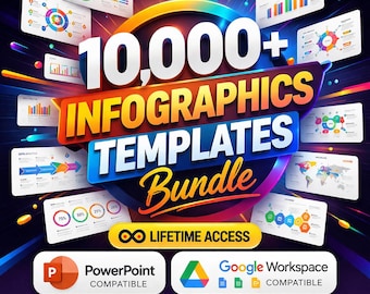 May include: A vibrant graphic promoting an infographics templates bundle. The design features the text "10,000+ INFOGRAPHICS TEMPLATES Bundle" in bold, colorful lettering. Additional text includes "LIFETIME ACCESS", "PowerPoint Compatible", and "Google Workspace Compatible". The image also showcases various data visualization examples.