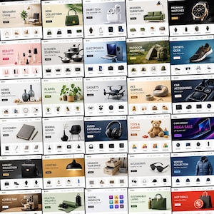 May include: A collage of website banners showcasing various product categories. Categories include home decor, electronics, accessories, and more. Each banner features product images and category titles, such as "Minimalist Living" and "Hot Deals."