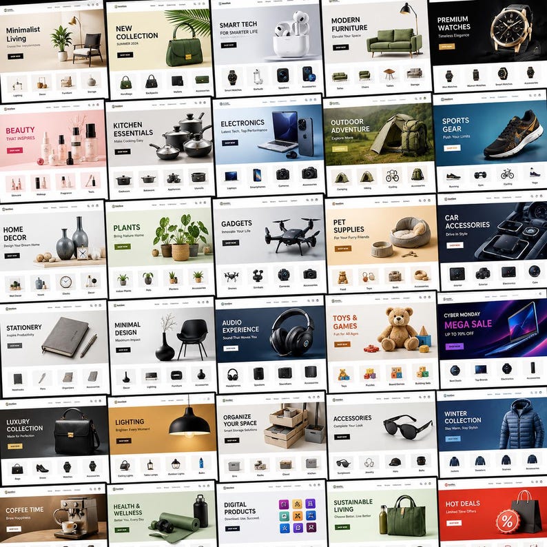 May include: A collage of website banners showcasing various product categories. Categories include home decor, electronics, accessories, and more. Each banner features product images and category titles, such as "Minimalist Living" and "Hot Deals."
