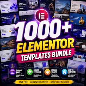 Puede incluir: Imagen promocional para un paquete de plantillas Elementor. El diseño presenta el texto "1000+ ELEMENTOR TEMPLATES BUNDLE" en letras grandes y en negrita. Se muestran varios ejemplos de diseño de sitios web alrededor del texto central, con iconos y texto.