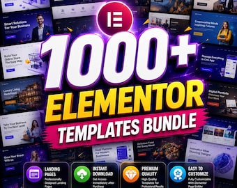May include: A promotional image for an Elementor templates bundle. The design features the text "1000+ ELEMENTOR TEMPLATES BUNDLE" in large, bold letters. Various website design examples are displayed around the central text, with icons and text promoting features like landing pages and instant downloads.