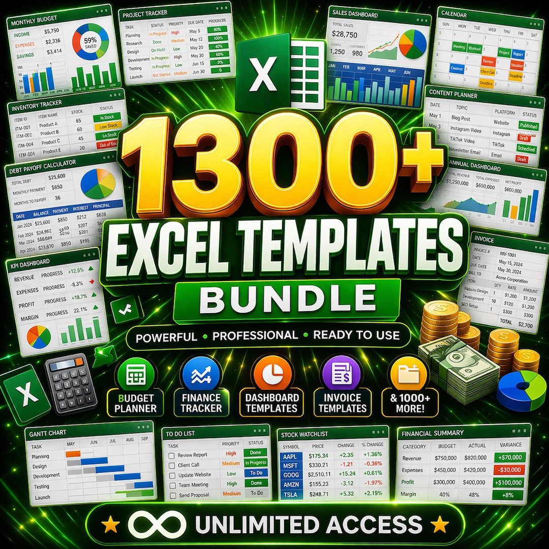 1300+ Excel Templates Bundle | Budget Planner, Finance Tracker, Invoice ...
