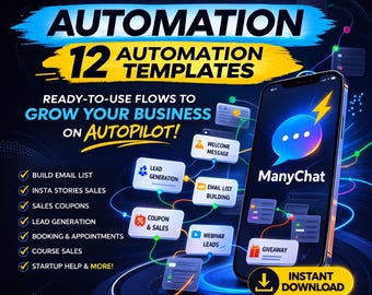 12 modèles d'automatisation ManyChat | Flux de chatbot Instagram Messenger (téléchargement numérique)