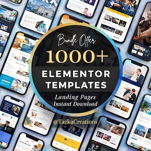 May include: Smartphones displaying website templates are arranged around a central graphic. The graphic reads "Bundle Offer 1000+ Elementor Templates Landing Pages Instant Download" with the seller's handle. Various website designs are shown.