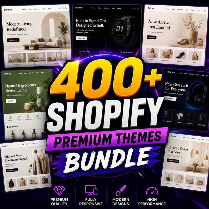 May include: A promotional image showcasing a bundle of over 400 Shopify premium themes. The image features various website mockups with different design styles, including themes for modern living, natural ingredients, and tech. Text includes "Shopify Premium Themes Bundle."