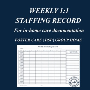 May include: A dark blue background with white text that reads "WEEKLY 1:1 STAFFING RECORD" and "For in-home care documentation". Below, it lists "FOSTER CARE | DSP | GROUP HOME". A staffing record form is at the bottom.
