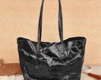 Bolso tote grande de cuero negro hecho a mano, bolso de hombro de piel de vaca envejecida, logotipo personalizado.