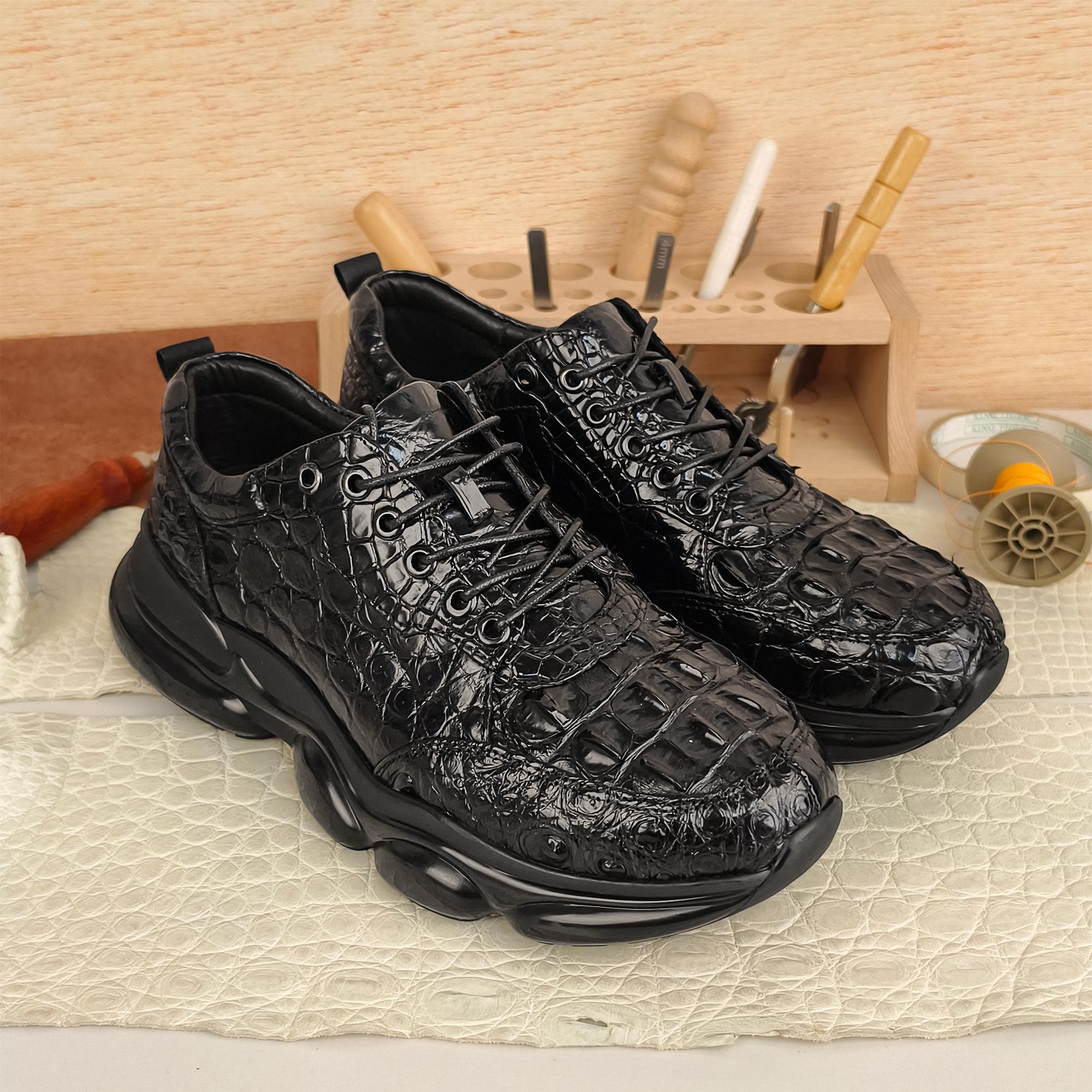Black Genuine Alligator Leather Sneakers Handmade Artisan Luxury Mens Platform Bold Statement Casual Shoes