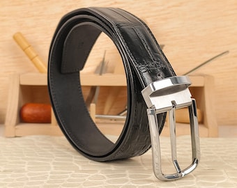 Cinturón de piel de caimán auténtica hecho a mano con hebilla para hombre, pretina personalizada de lujo negra.
