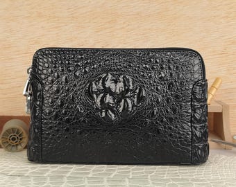 Bolso de mano moderno hecho a mano de piel de cocodrilo, cartera de mano de piel auténtica texturizada negra, accesorio minimalista para hombre, único