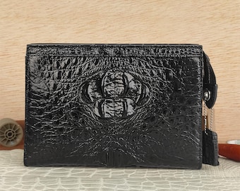 Bolso de mano de piel auténtica de cocodrilo negro, elaborado artesanalmente, para hombre, cartera de muñeca, estuche formal.