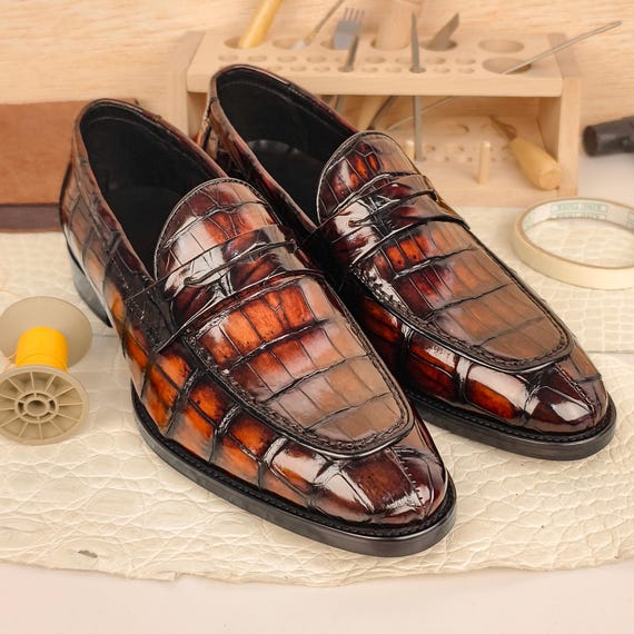 Genuine Alligator Leather Men's Penny Loafers - Handmade Luxury Cognac Brown Patina Slip-ons Dress Shoes
