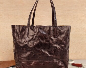 Bolso tote grande de cuero negro hecho a mano, bolso de hombro de piel de vaca envejecida, logotipo personalizado.