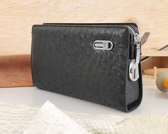 Black Handmade Genuine Ostrich Leather Clutch Wristlet Purse Real Skin Pouch Handcrafted Wallet Organizer