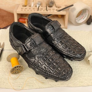 Handmade Alligator Loafers Genuine Black Leather Textured Skin Slip-on Comfortable Casual Shoes