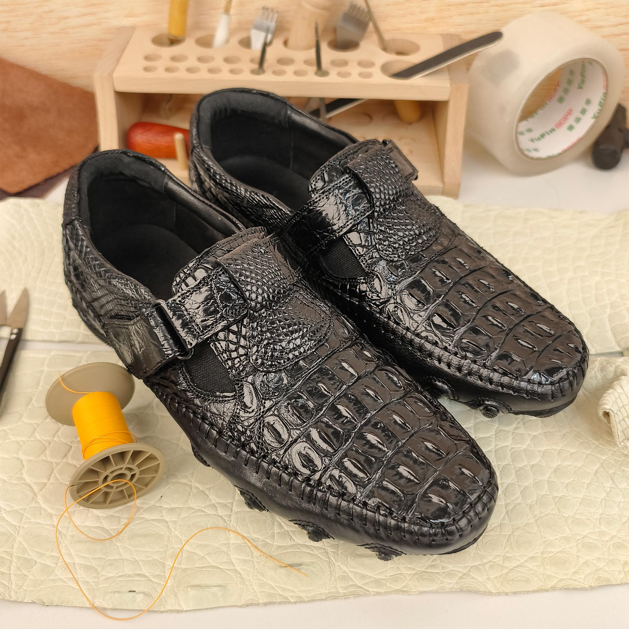 black alligator dress shoes Handmade Loafers Genuine Leather Textured Skin Slip-on Comfortable Casual Women's Petite Black Satin BF20 cut Alligator Lace Color:Navy/Blue
