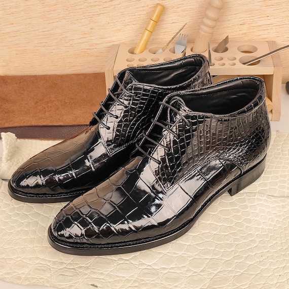 Handmade Genuine Alligator Leather Men's Dress Shoes - Black Glossy Luxury Gift Bespoke Lace-up Boots