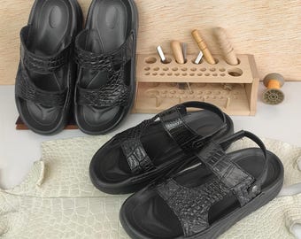 Sandalias negras de piel de cocodrilo auténtica, hechas a mano por artesanos, para hombre, con suela de goma gruesa. Dos estilos disponibles.