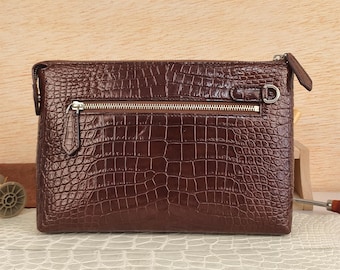 Cartera de mano de piel de cocodrilo hecha a mano, monedero delgado color burdeos, organizador de bolsos profesional, pieza artesanal para hombre.