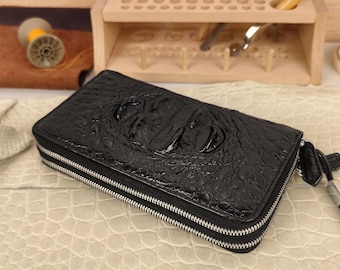 Bolso de mano artesanal de auténtica piel de cocodrilo, cartera de cuero negro Hornback, organizador de doble bolsillo para negocios de hombre