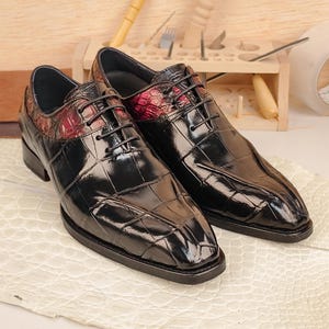 Handmade Genuine Alligator Leather Men's Dress Shoes, Bespoke Luxury Black & Red Business Oxfords