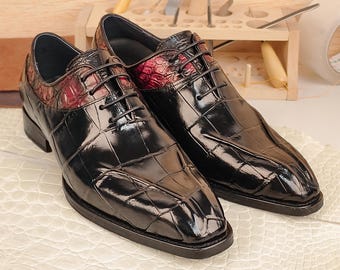 Zapatos de vestir para hombre hechos a mano en piel de caimán auténtica, zapatos Oxford de negocios negros y rojos de lujo a medida.