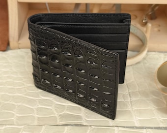 Cartera de piel de caimán negra hecha a mano, tarjetero delgado de lujo con doble pliegue.