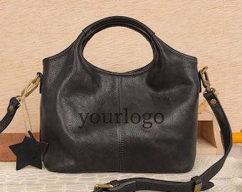 Bolso hobo de cuero genuino suave hecho a mano, bolso tote holgado personalizado con grabado de nombre y logotipo personalizados.