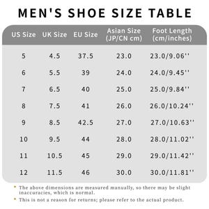 May include: A shoe size conversion chart titled "MEN'S SHOE SIZE TABLE" with US, UK, EU, and Asian sizes, and foot length in centimeters and inches. Sizes range from US size 5 to 12, with corresponding measurements.