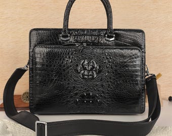 Maletín de piel auténtica de cocodrilo, único y llamativo, para hombre, ideal para negocios y como bolso de trabajo de lujo para portátil.