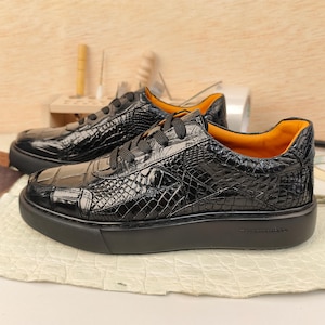 Handmade Genuine Alligator Leather Shoes for Men, Luxury Black Real Skin Platform Casual Sneakers