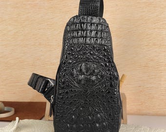 Bolso bandolera de piel de cocodrilo auténtica hecho a mano, bolso de pecho de cuero negro para hombre, bandolera urbana para motero